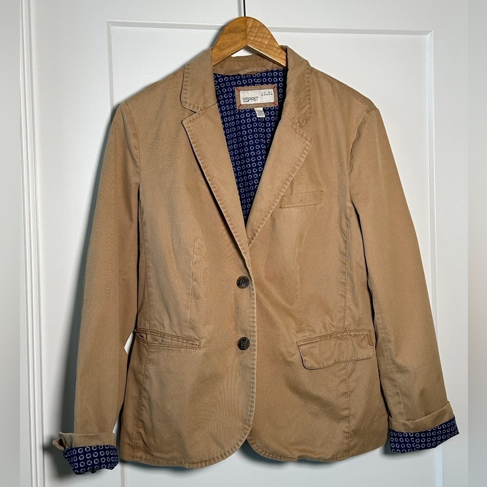 Vintage Esprit Tan Jacket with Blue Patterned Lining - Size M